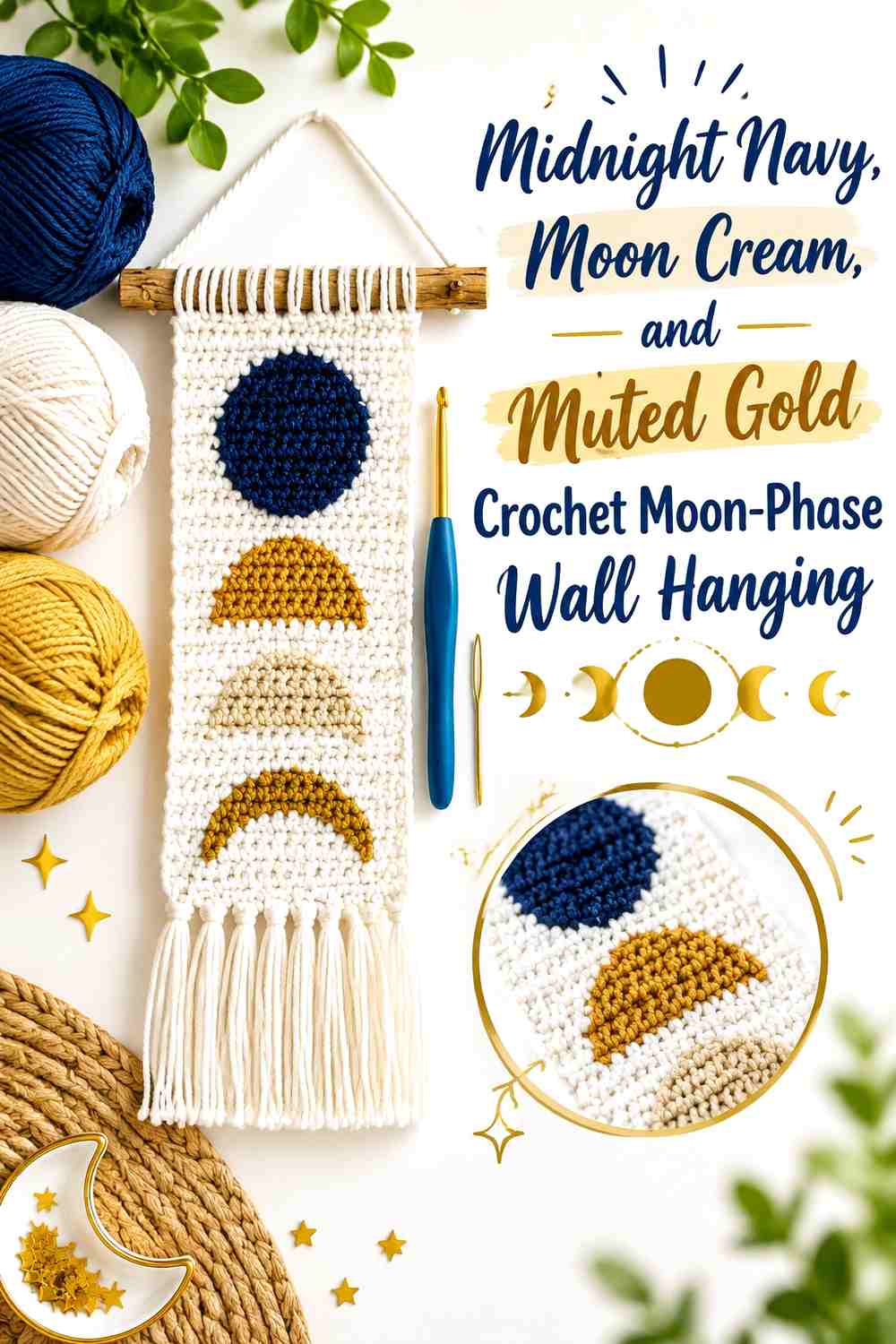 Midnight Navy, Moon Cream, and Muted Gold Crochet Moon-Phase Wall Hanging
