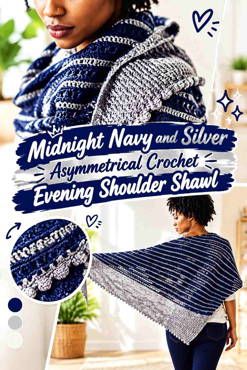 Midnight Navy and Silver Asymmetrical Crochet Evening Shoulder Shawl