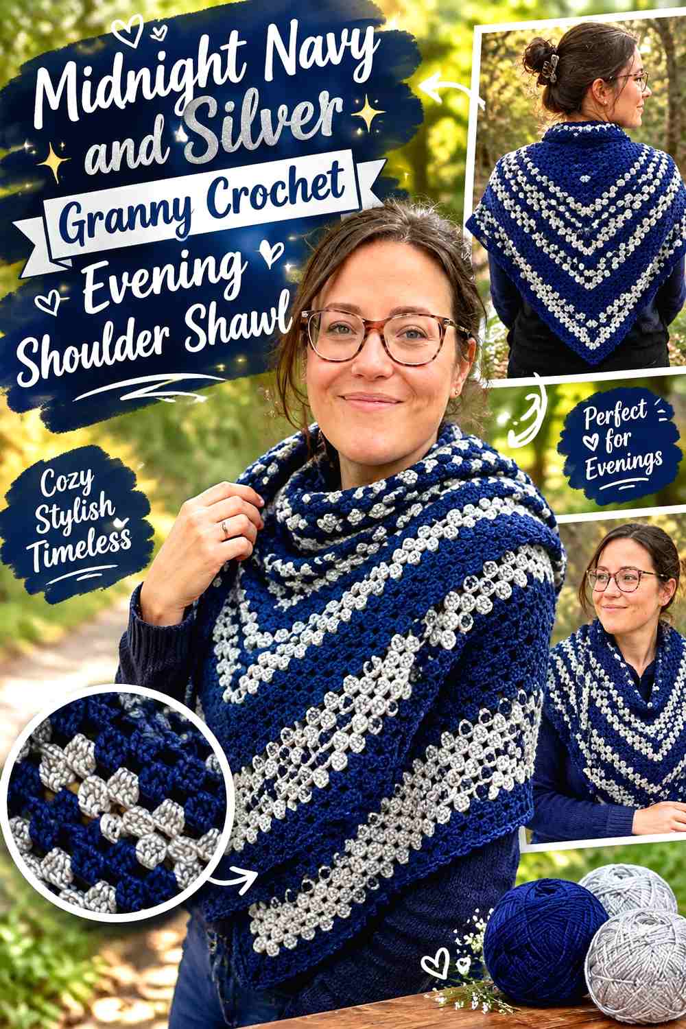 Midnight Navy and Silver Granny Crochet Evening Shoulder Shawl