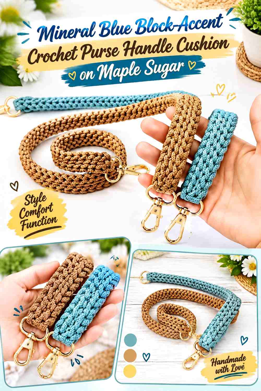 Mineral Blue Block Accent Crochet Purse Handle Cushion on Maple Sugar