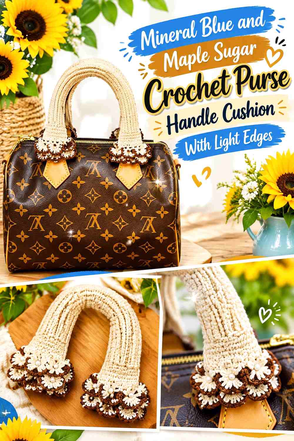 Mineral Blue and Maple Sugar Crochet Purse Handle Cushion With Light Edges