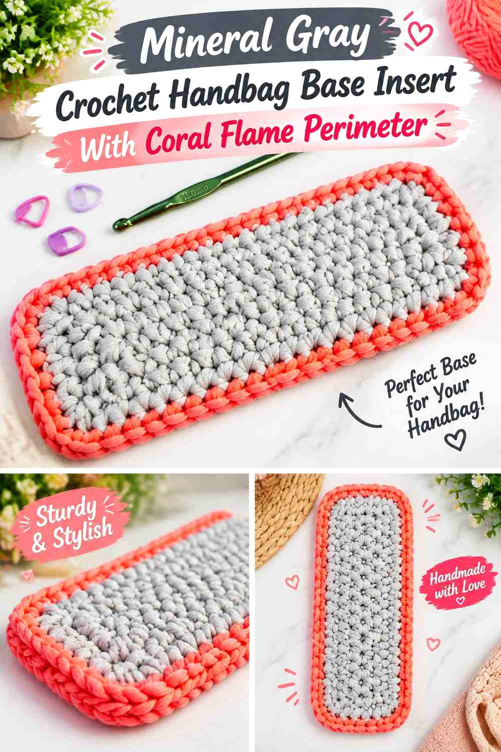 Mineral Gray Crochet Handbag Base Insert With Coral Flame Perimeter