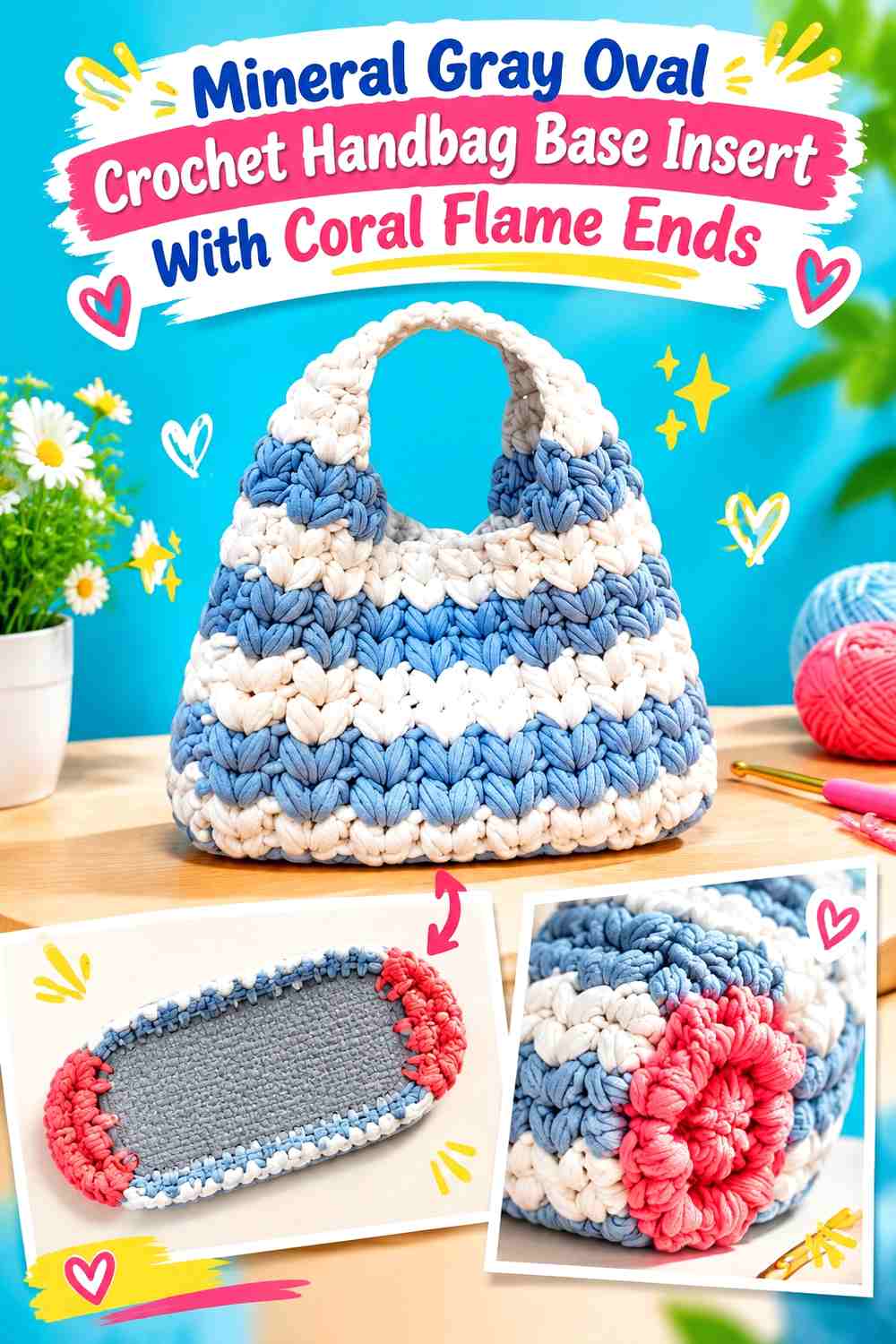Mineral Gray Oval Crochet Handbag Base Insert With Coral Flame Ends