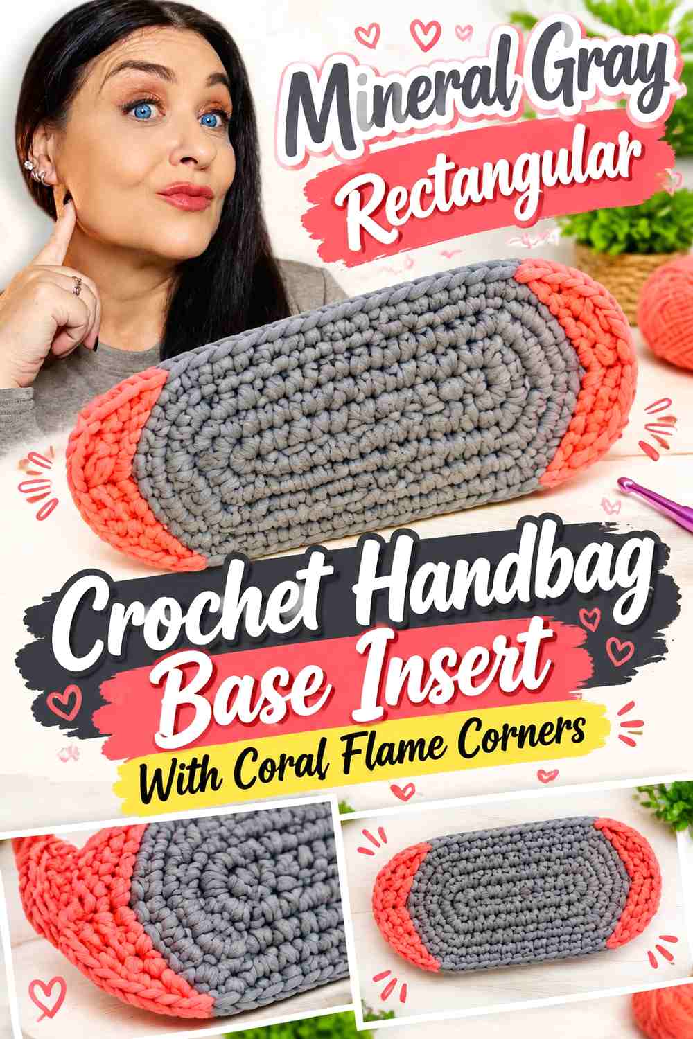 Mineral Gray Rectangular Crochet Handbag Base Insert With Coral Flame Corners