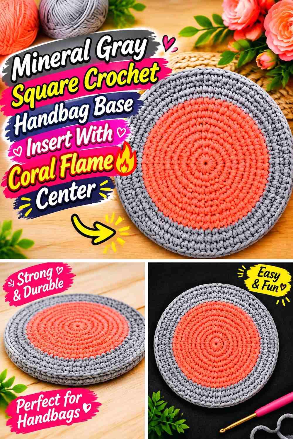 Mineral Gray Square Crochet Handbag Base Insert With Coral Flame Center