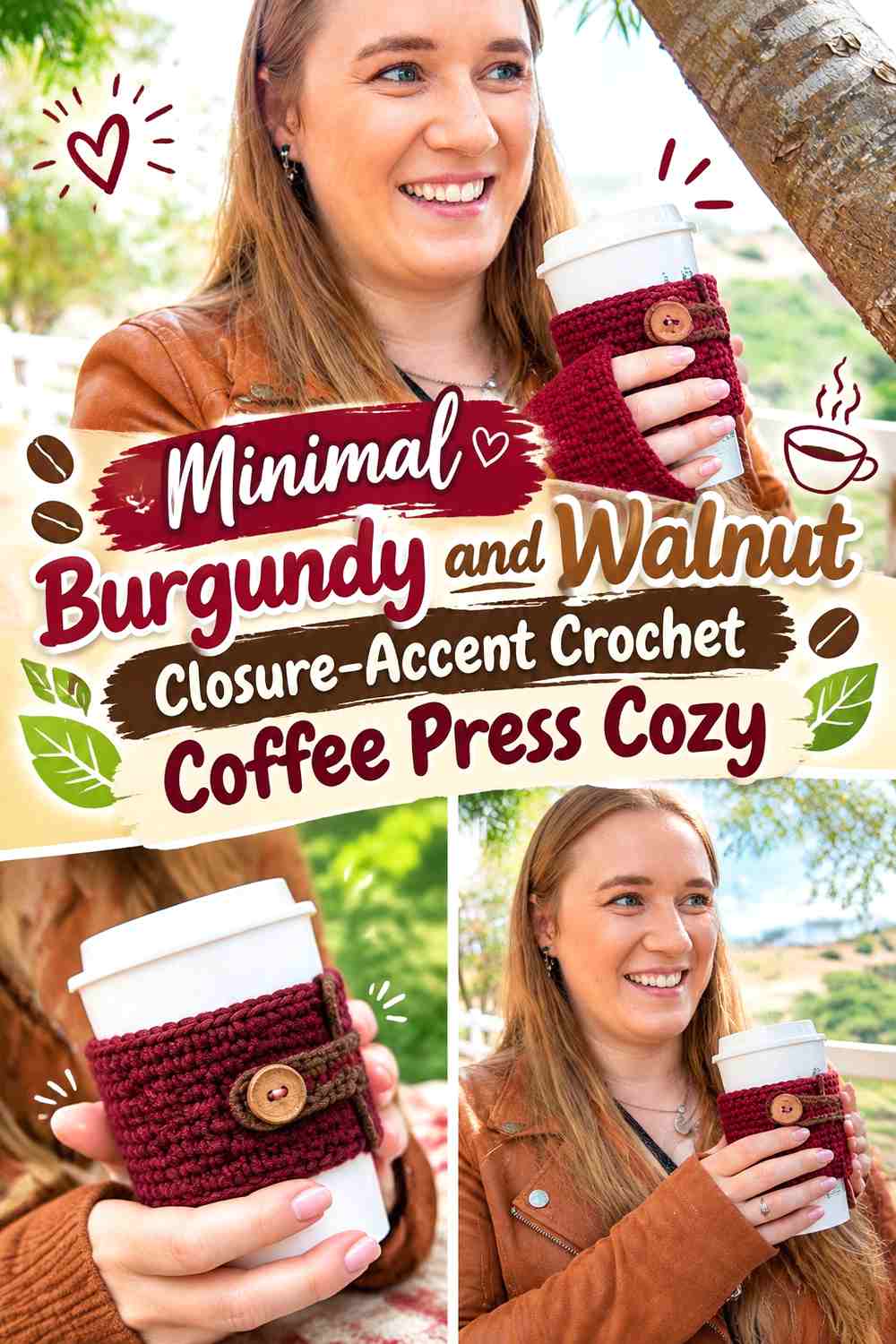16. Minimal Burgundy And Walnut Closure Accent Crochet Coffee Press Cozy