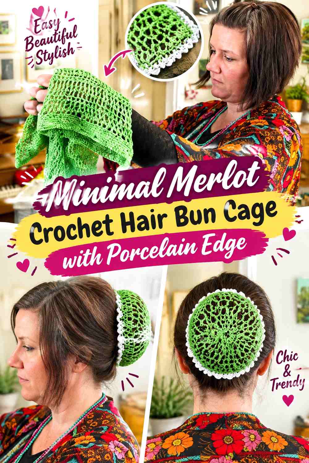 Minimal Merlot Crochet Hair Bun Cage with Porcelain Edge