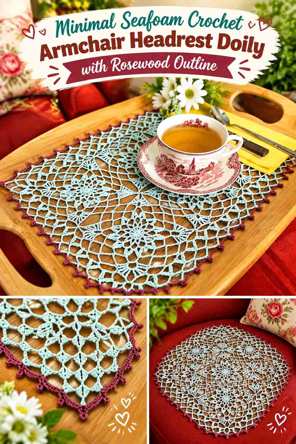 Minimal Seafoam Crochet Armchair Headrest Doily with Rosewood Outline