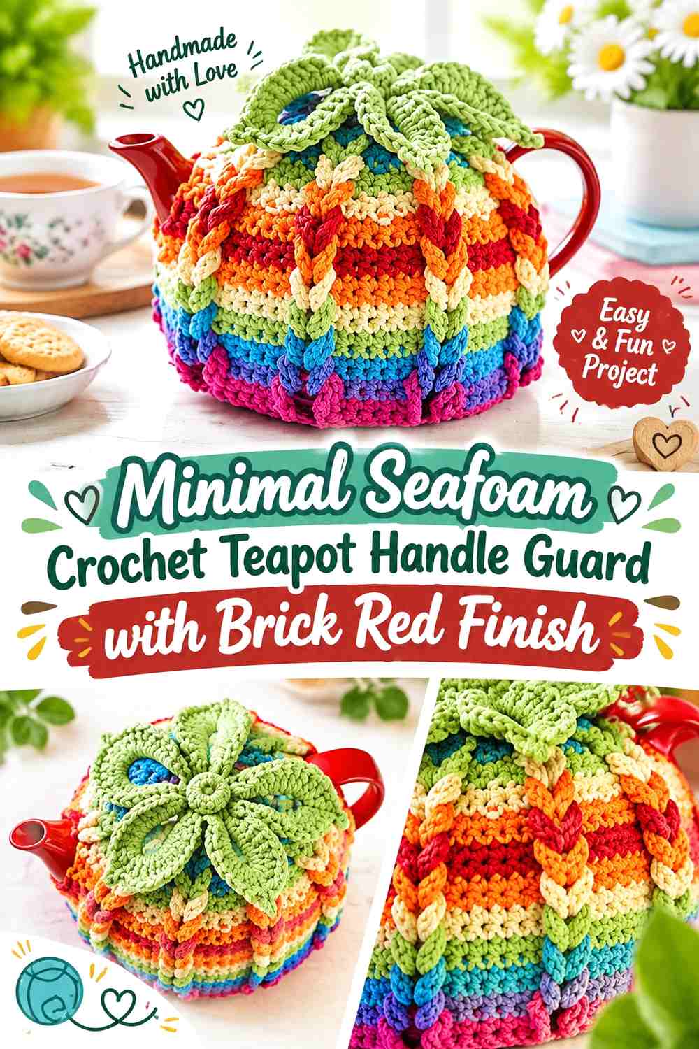 Minimal Seafoam Crochet Teapot Handle Guard with Brick Red Finish
