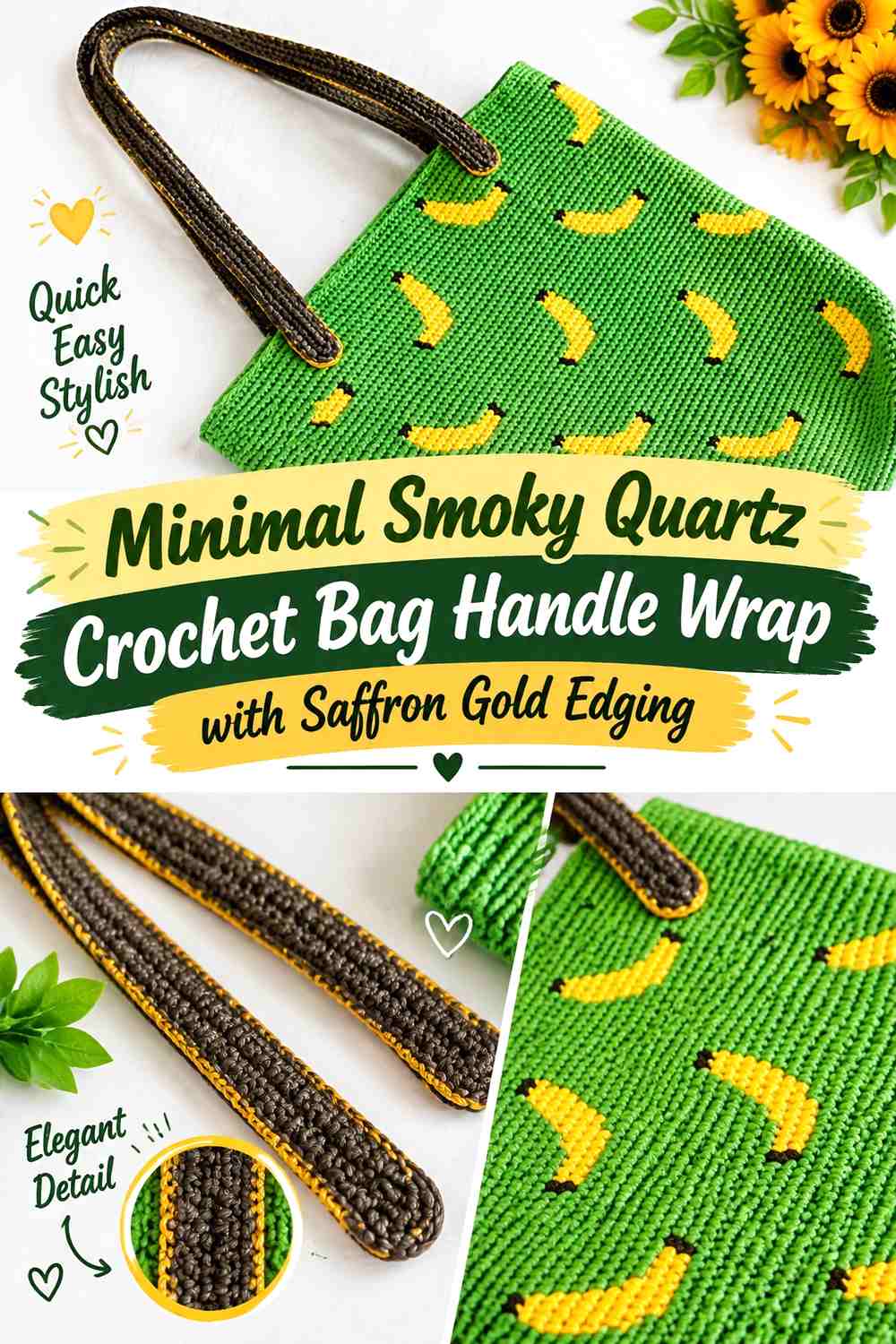 Minimal Smoky Quartz Crochet Bag Handle Wrap with Saffron Gold Edging
