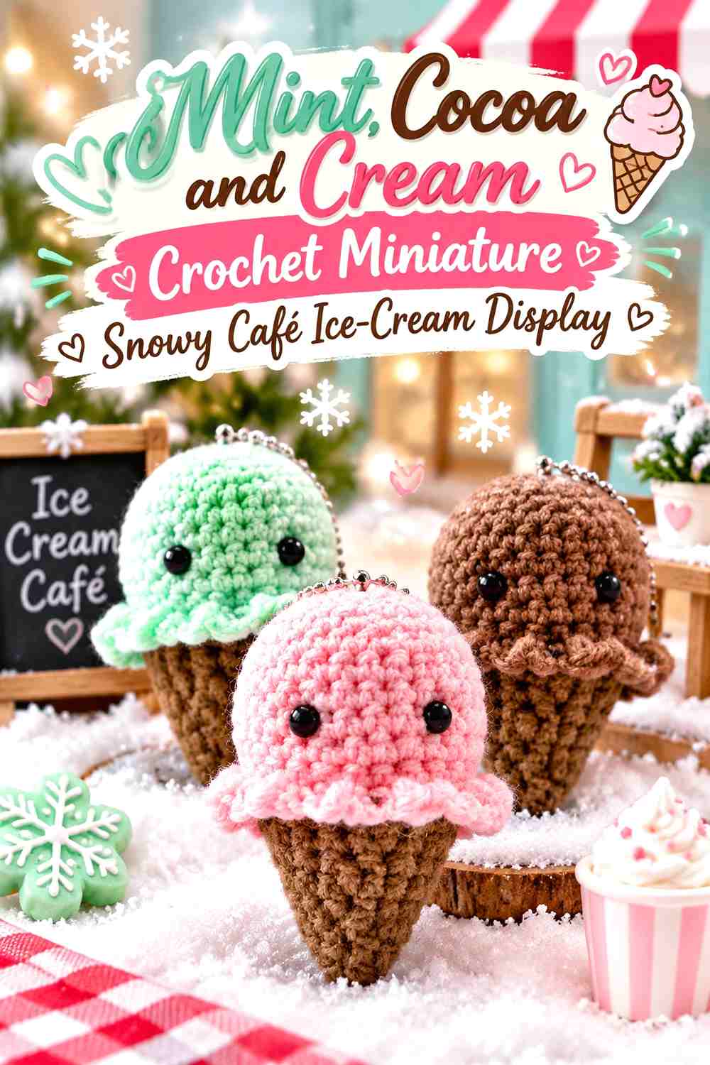 Mint, Cocoa, and Cream Crochet Miniature Snowy Café Ice-Cream Display
