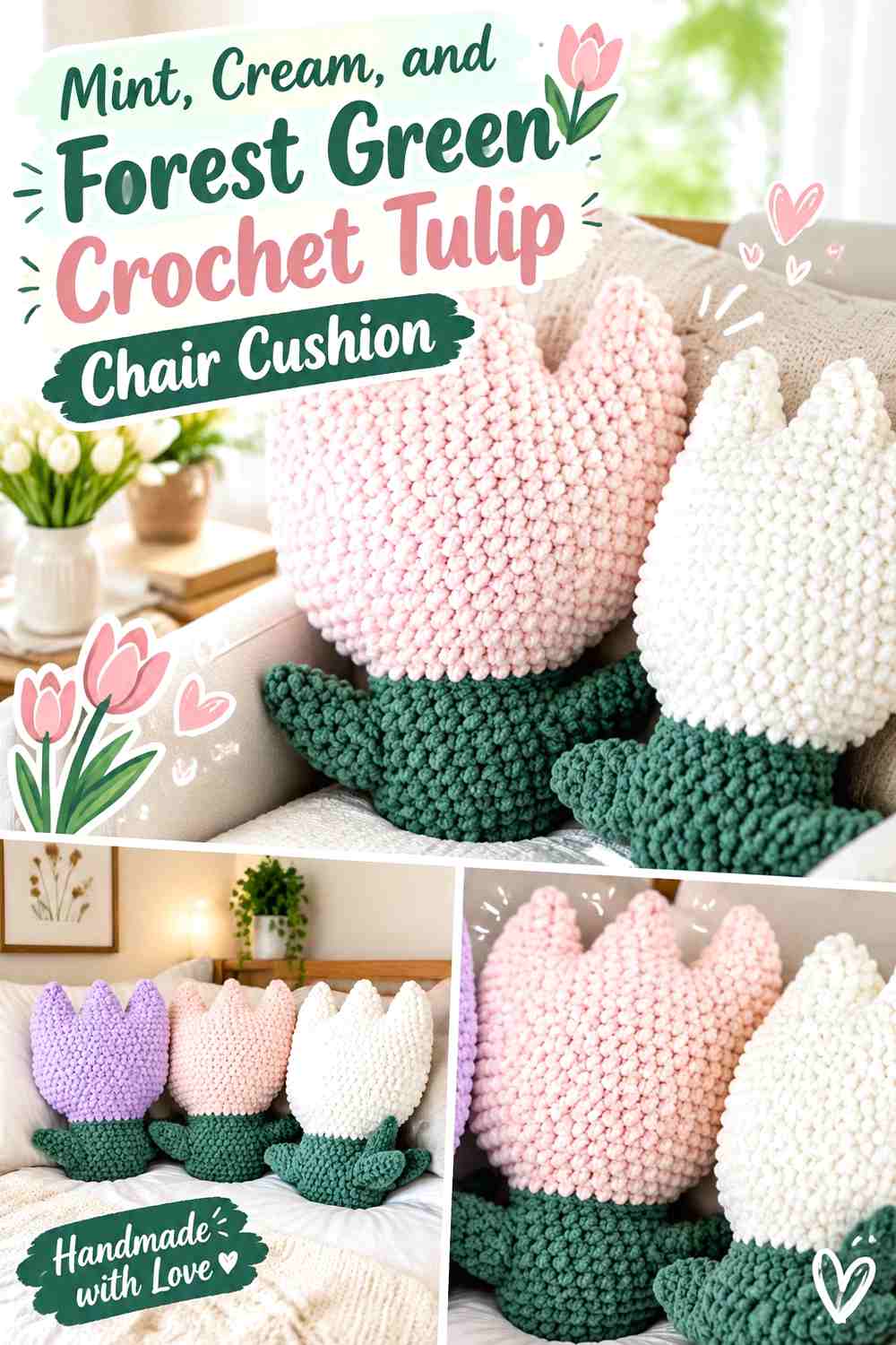 Mint, Cream, and Forest Green Crochet Tulip Chair Cushion