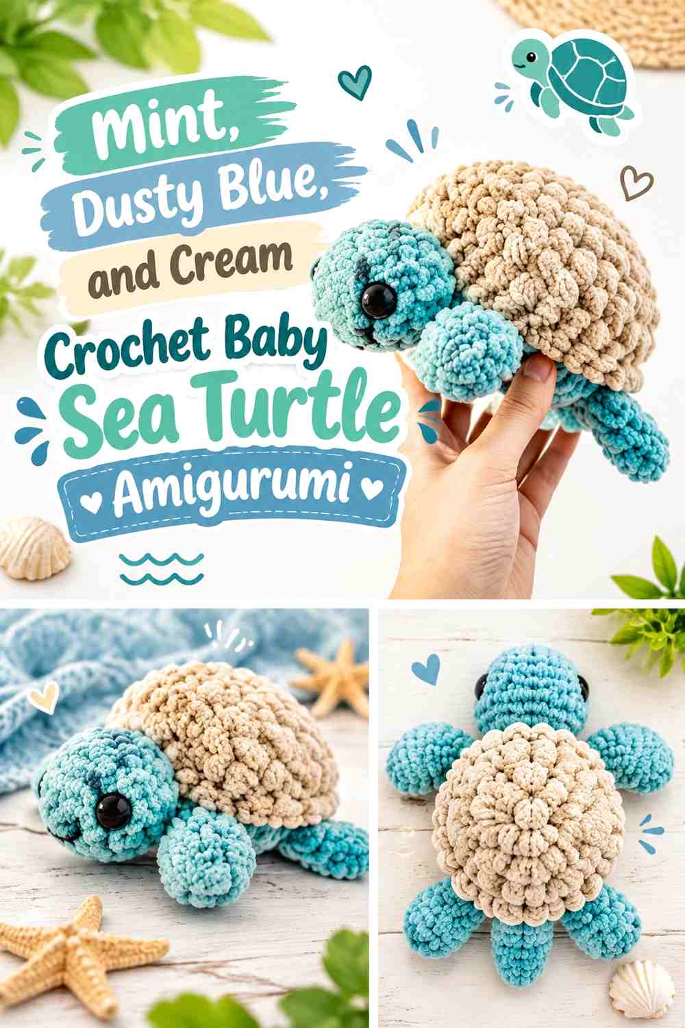 Mint, Dusty Blue, and Cream Crochet Baby Sea Turtle Amigurumi