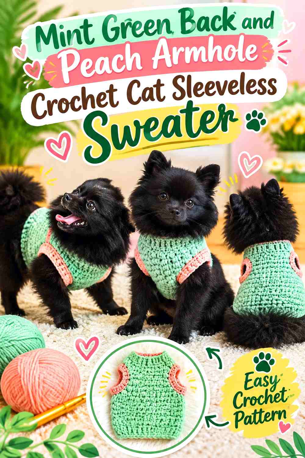 Mint Green Back and Peach Armhole Crochet Cat Sleeveless Sweater