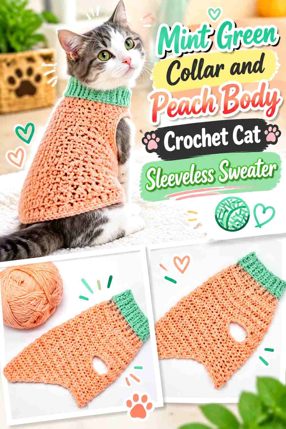 Mint Green Collar and Peach Body Crochet Cat Sleeveless Sweater