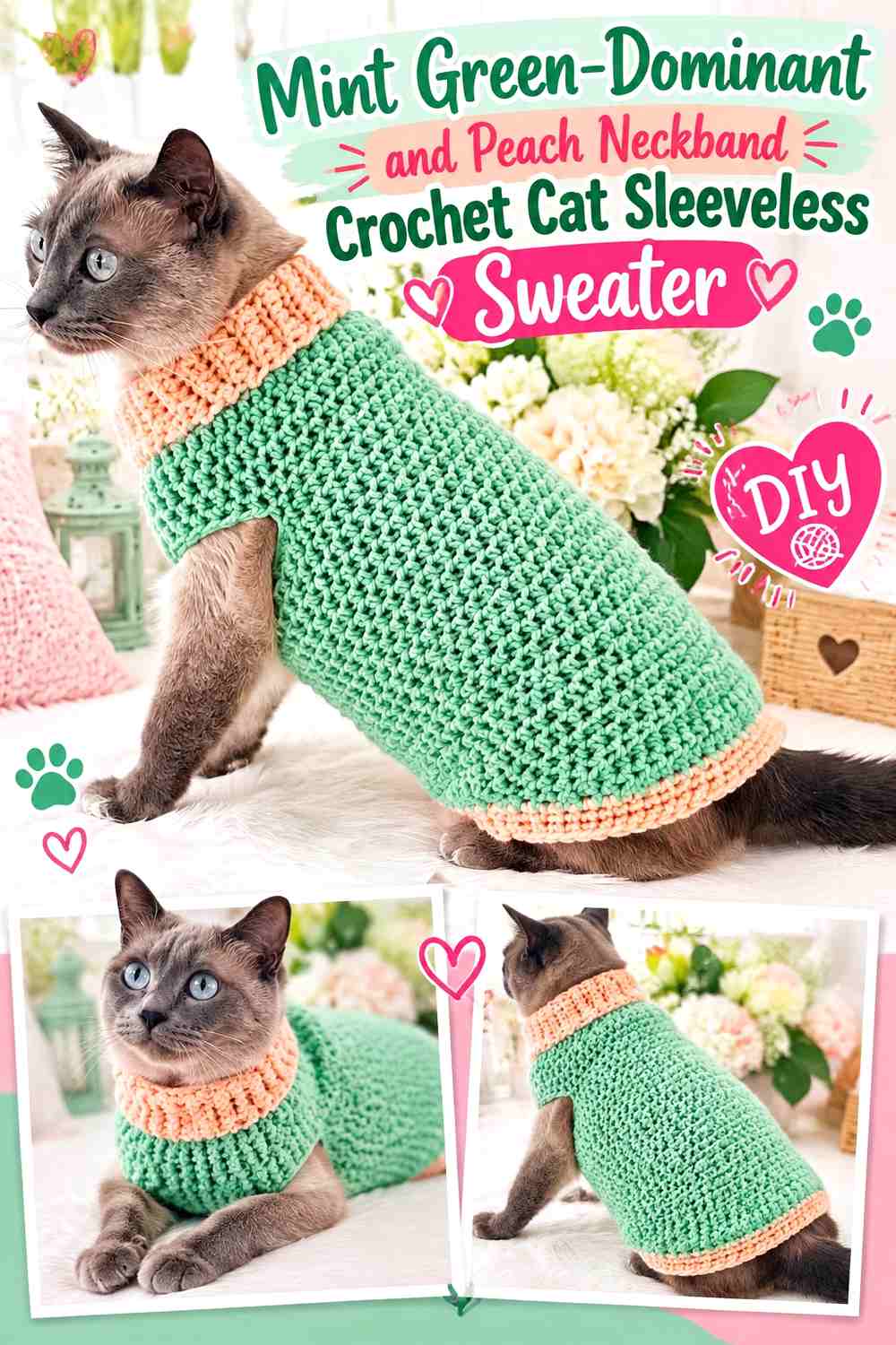 Mint Green-Dominant and Peach Neckband Crochet Cat Sleeveless Sweater