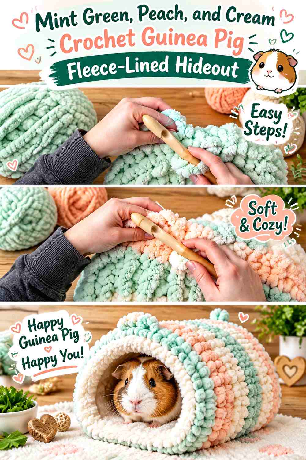 Mint Green, Peach, and Cream Crochet Guinea Pig Fleece-Lined Hideout