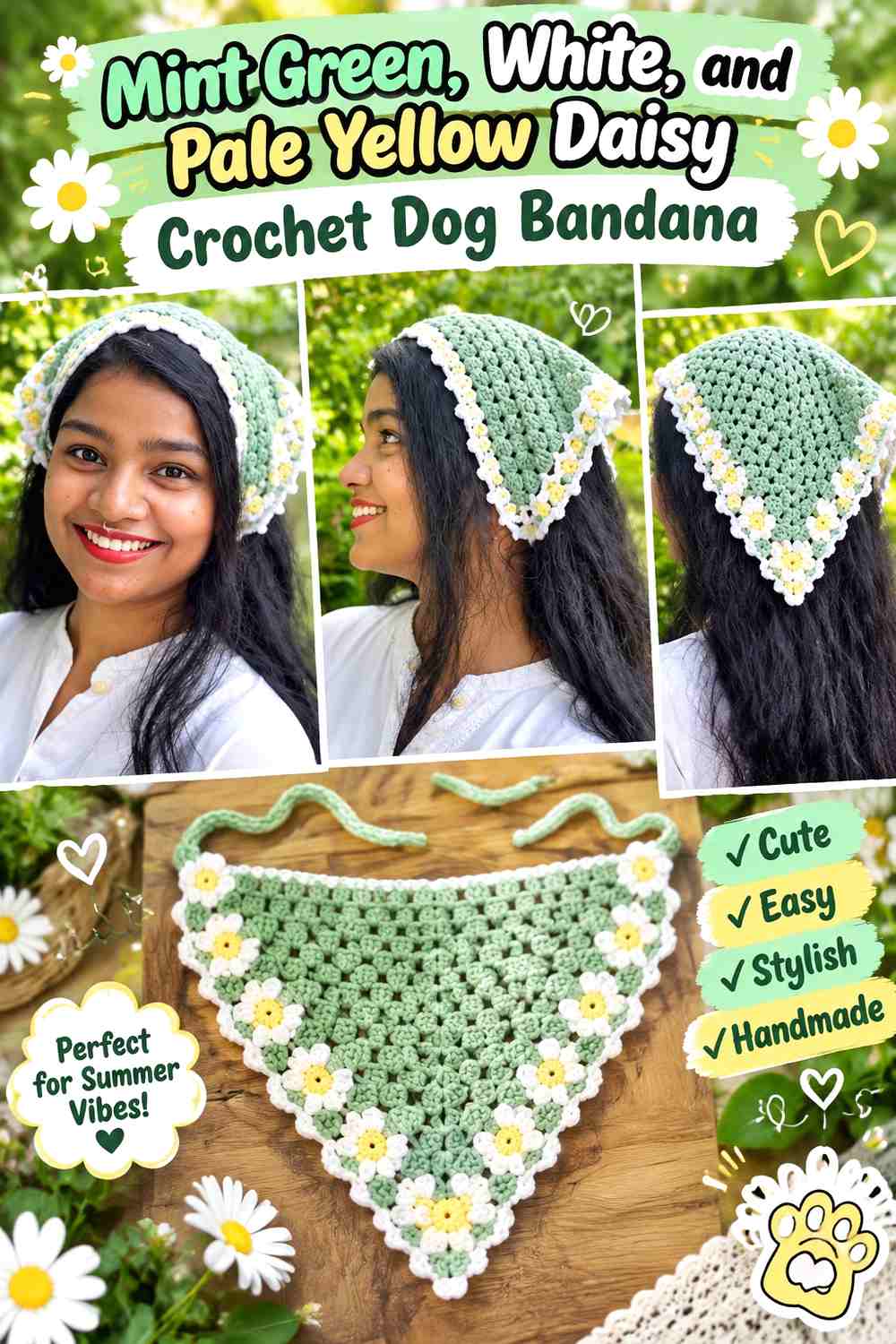 Mint Green, White, and Pale Yellow Daisy Crochet Dog Bandana