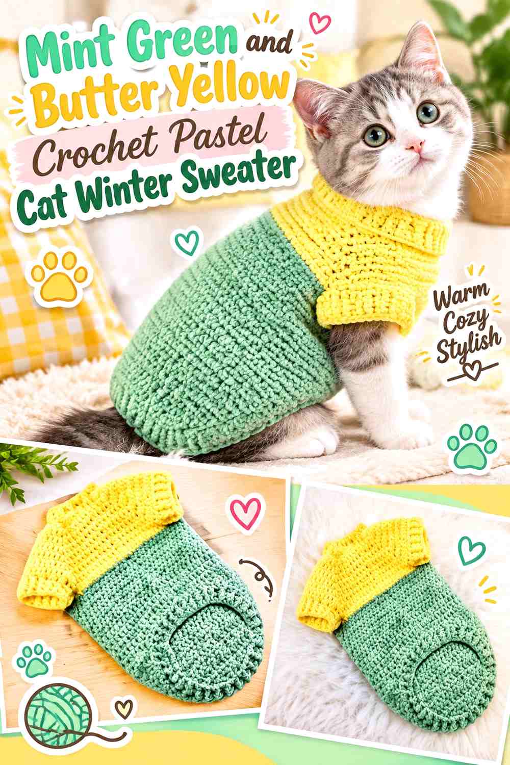 Mint Green and Butter Yellow Crochet Pastel Cat Winter Sweater