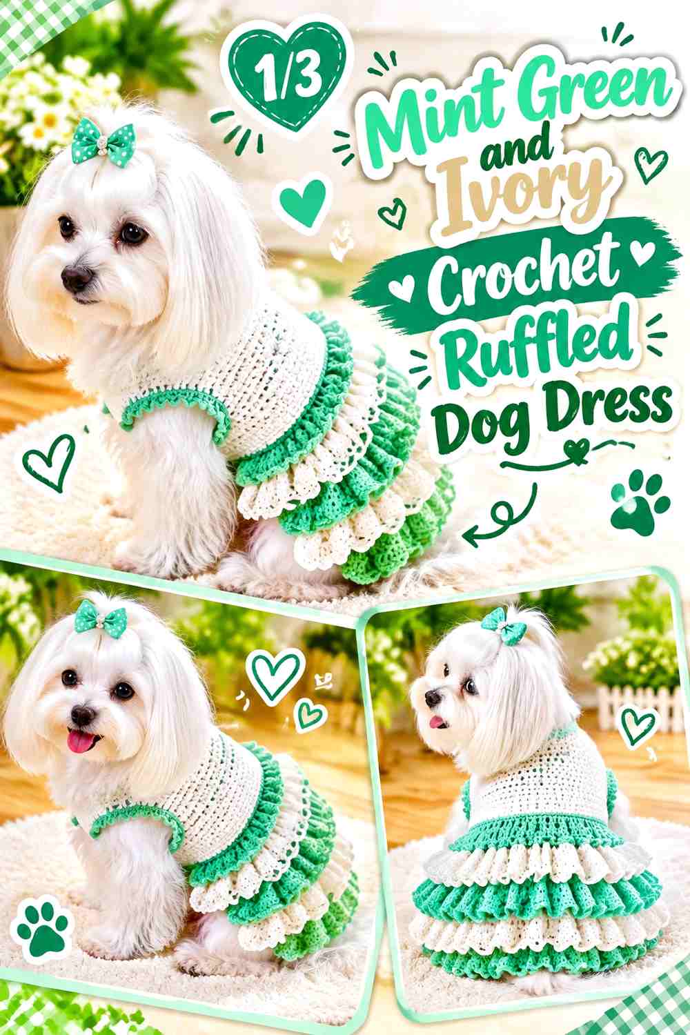 Mint Green and Ivory Crochet Ruffled Dog Dress