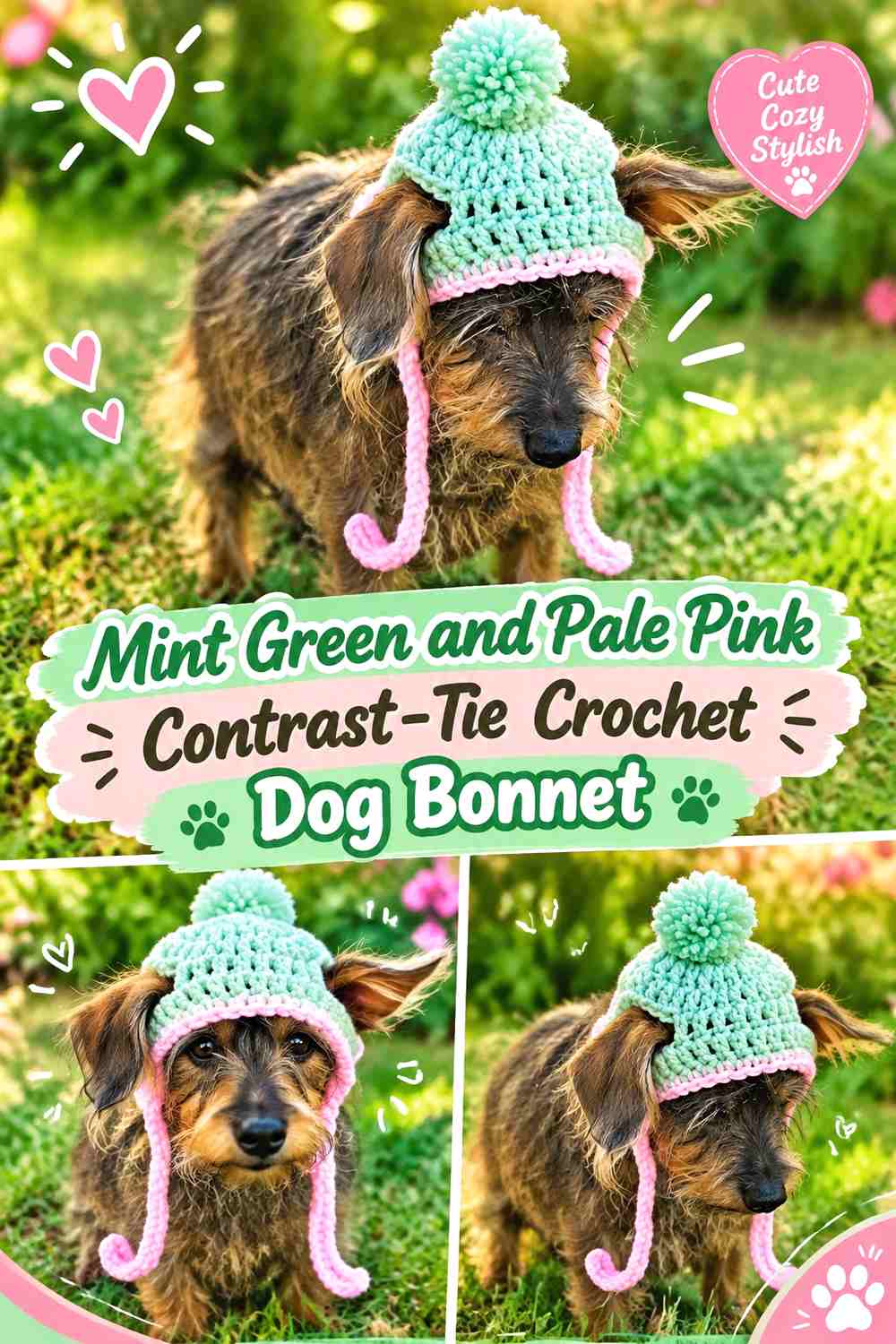 Mint Green and Pale Pink Contrast-Tie Crochet Dog Bonnet