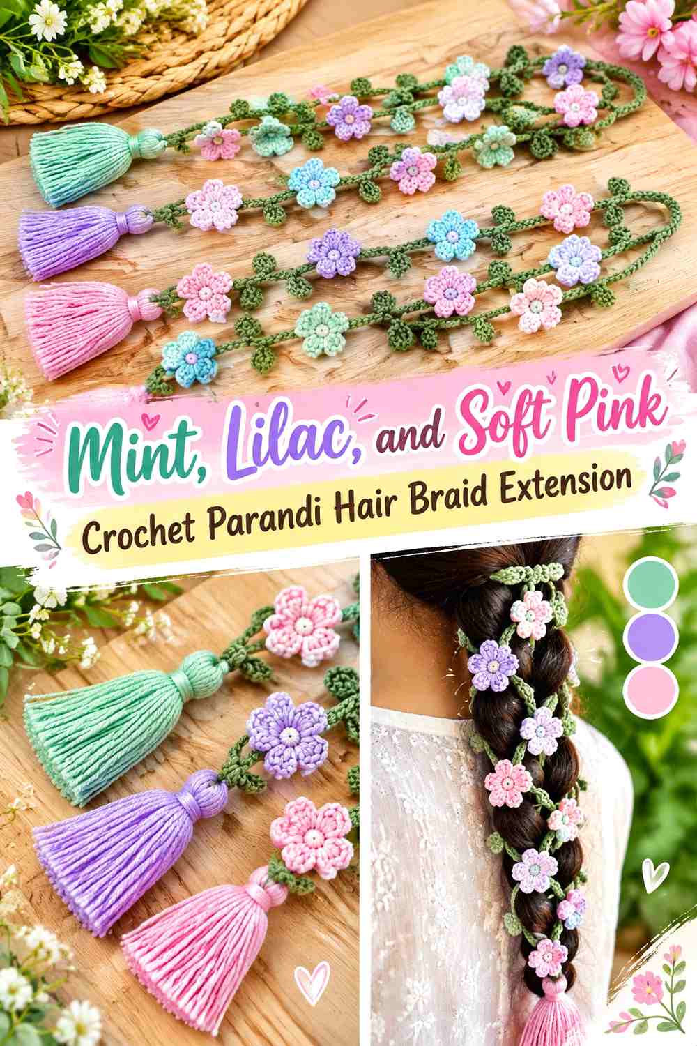 Mint, Lilac, and Soft Pink Crochet Parandi Hair Braid Extension