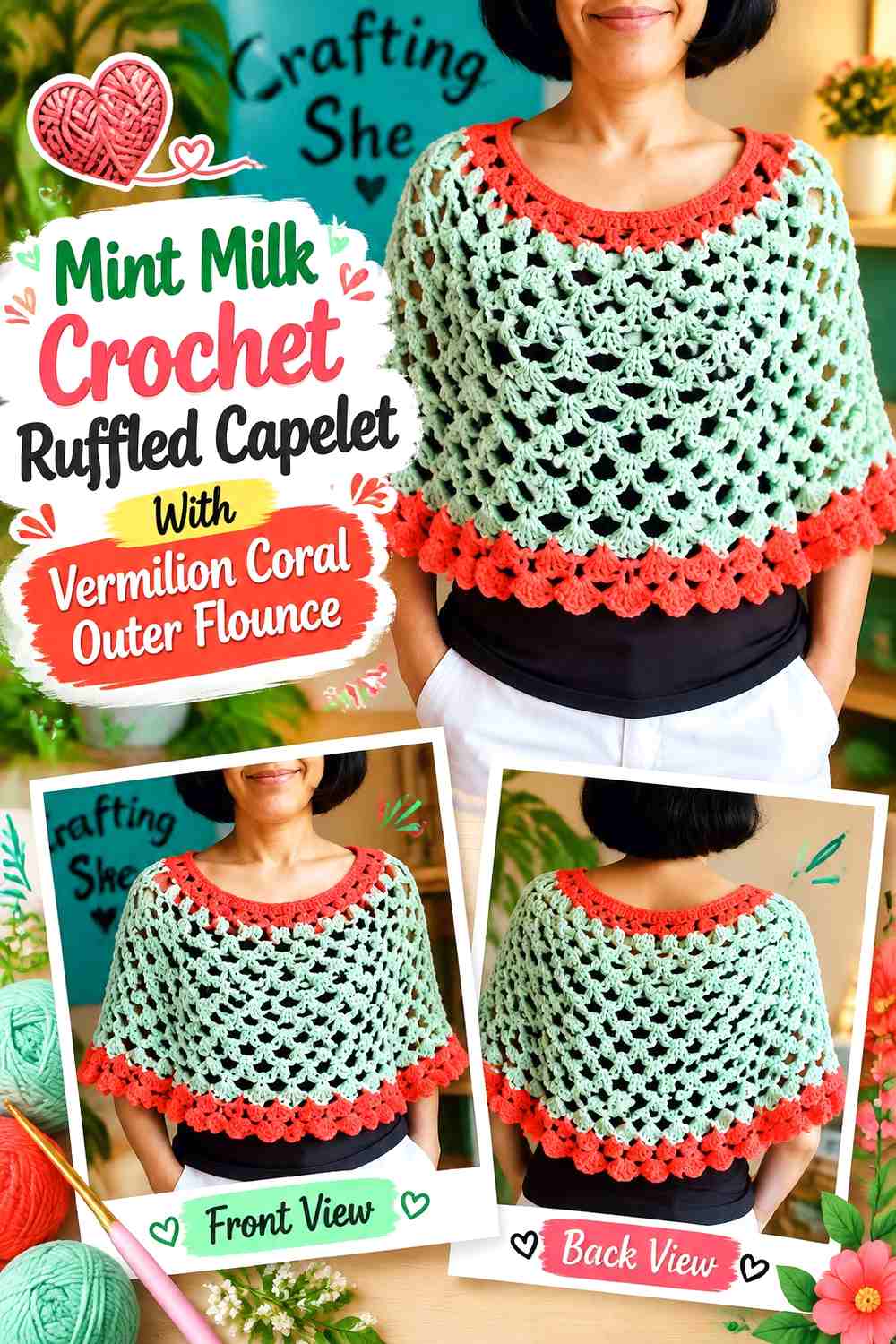 Mint Milk Crochet Ruffled Capelet With Vermilion Coral Outer Flounce