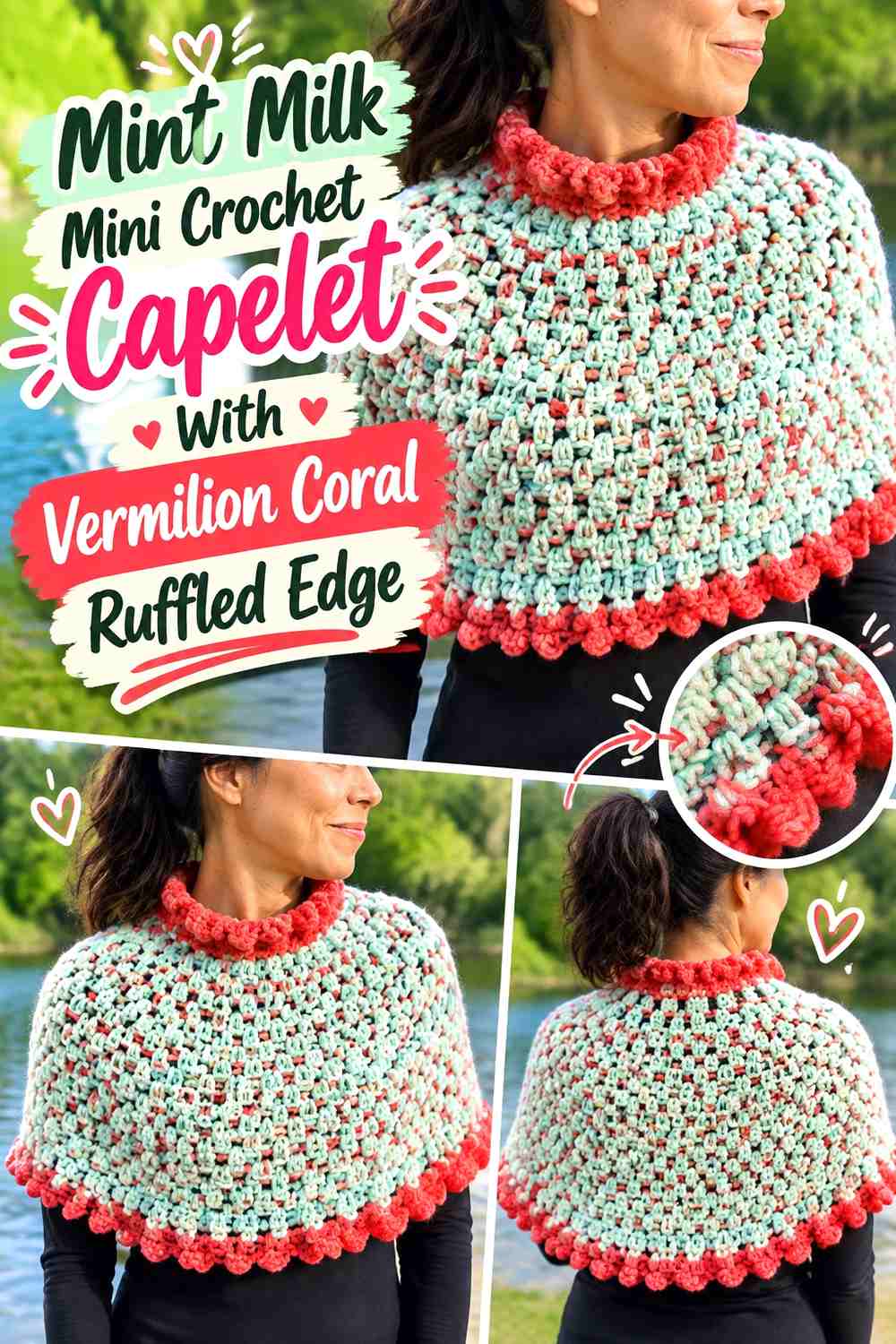 Mint Milk Mini Crochet Capelet With Vermilion Coral Ruffled Edge