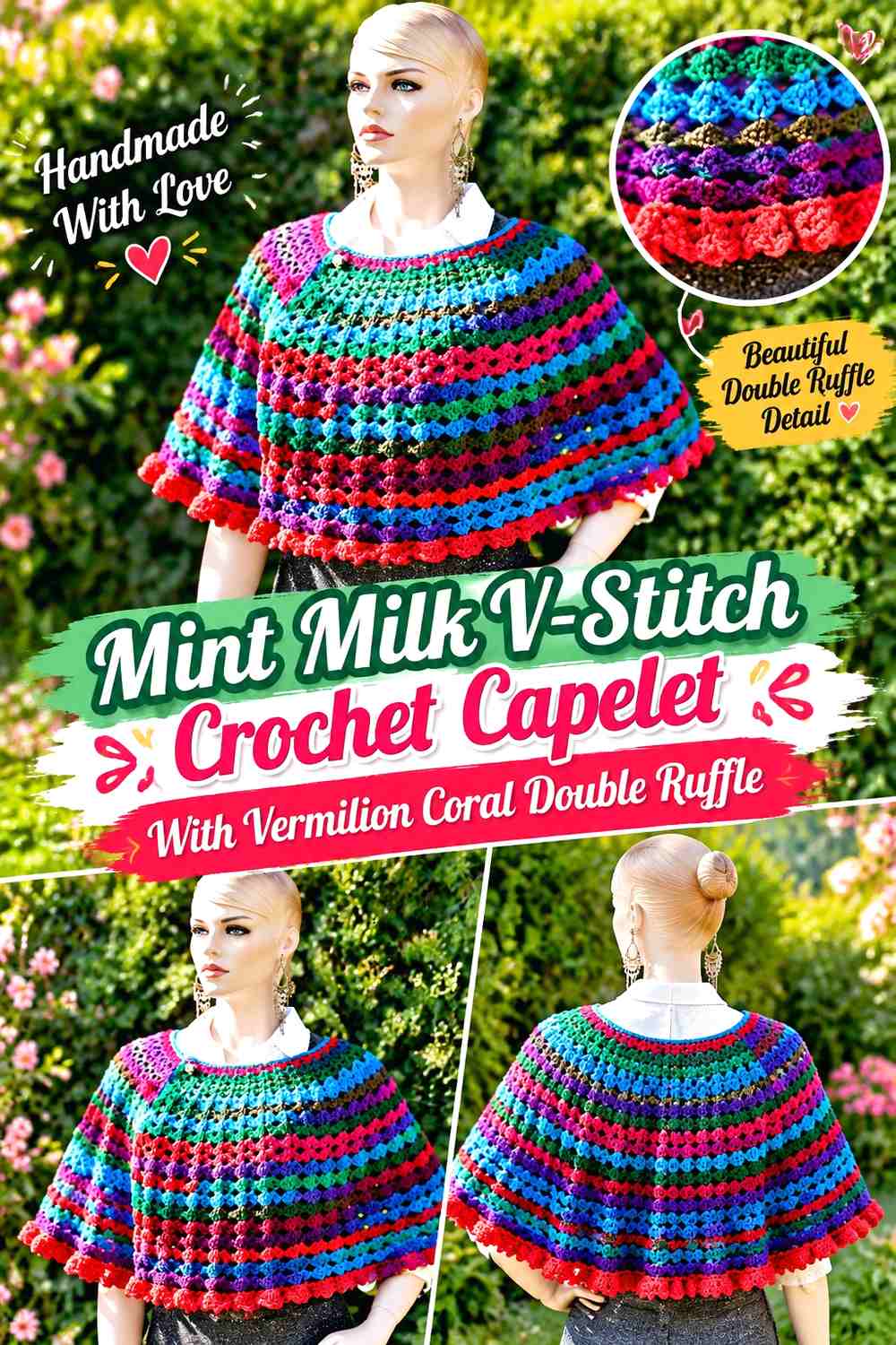 Mint Milk V-Stitch Crochet Capelet With Vermilion Coral Double Ruffle