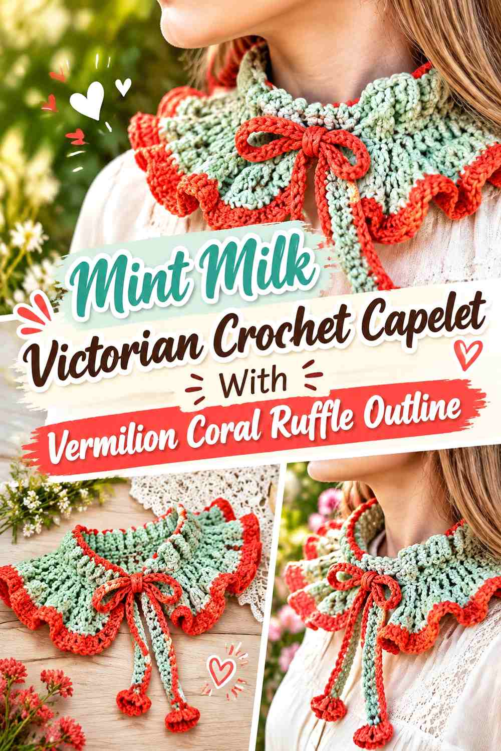 Mint Milk Victorian Crochet Capelet With Vermilion Coral Ruffle Outline
