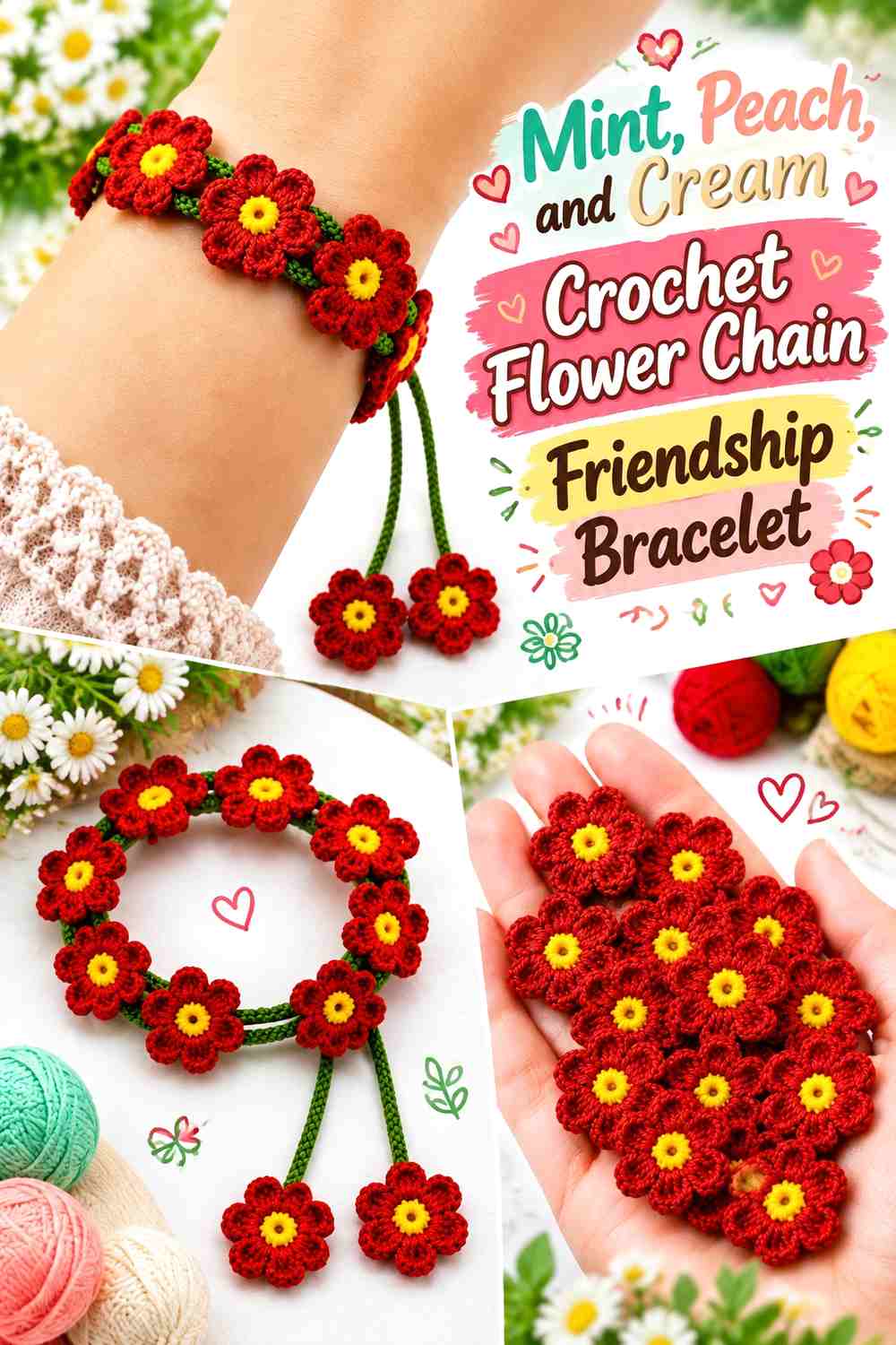 Mint, Peach, and Cream Crochet Flower Chain Friendship Bracelet