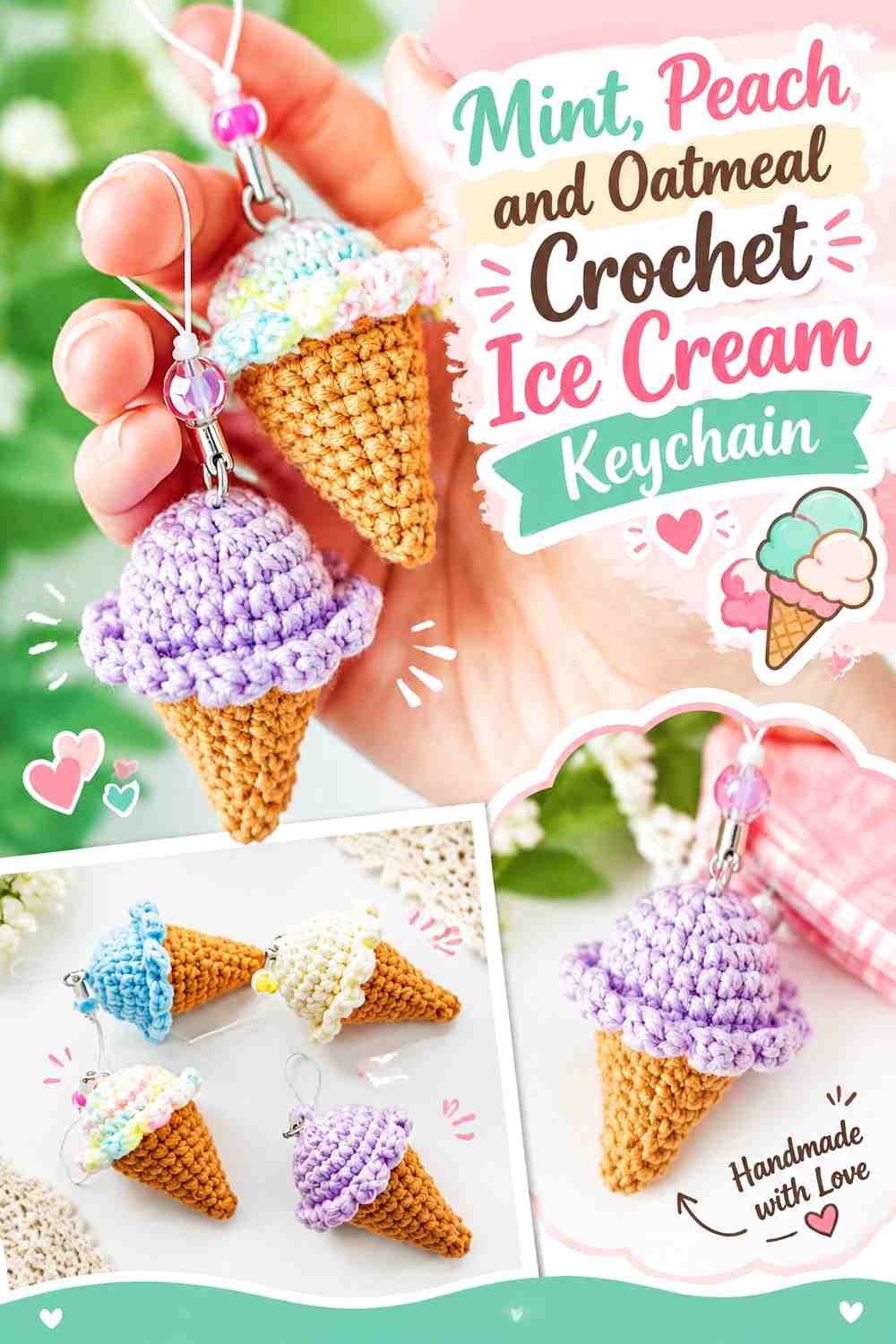 Mint, Peach, and Oatmeal Crochet Ice Cream Keychain