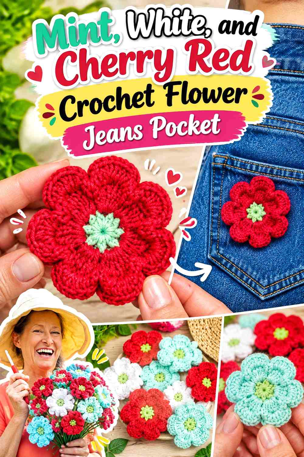 Mint, White, and Cherry Red Crochet Flower Jeans Pocket