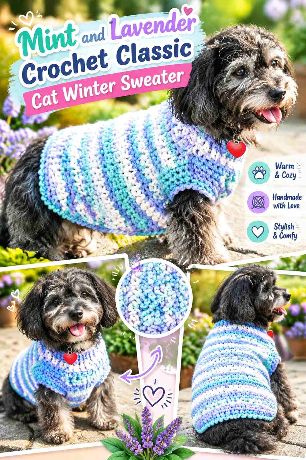 Mint and Lavender Crochet Classic Cat Winter Sweater