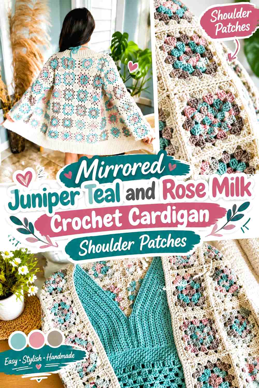 Mirrored Juniper Teal and Rose Milk Crochet Cardigan Shoulder Patches