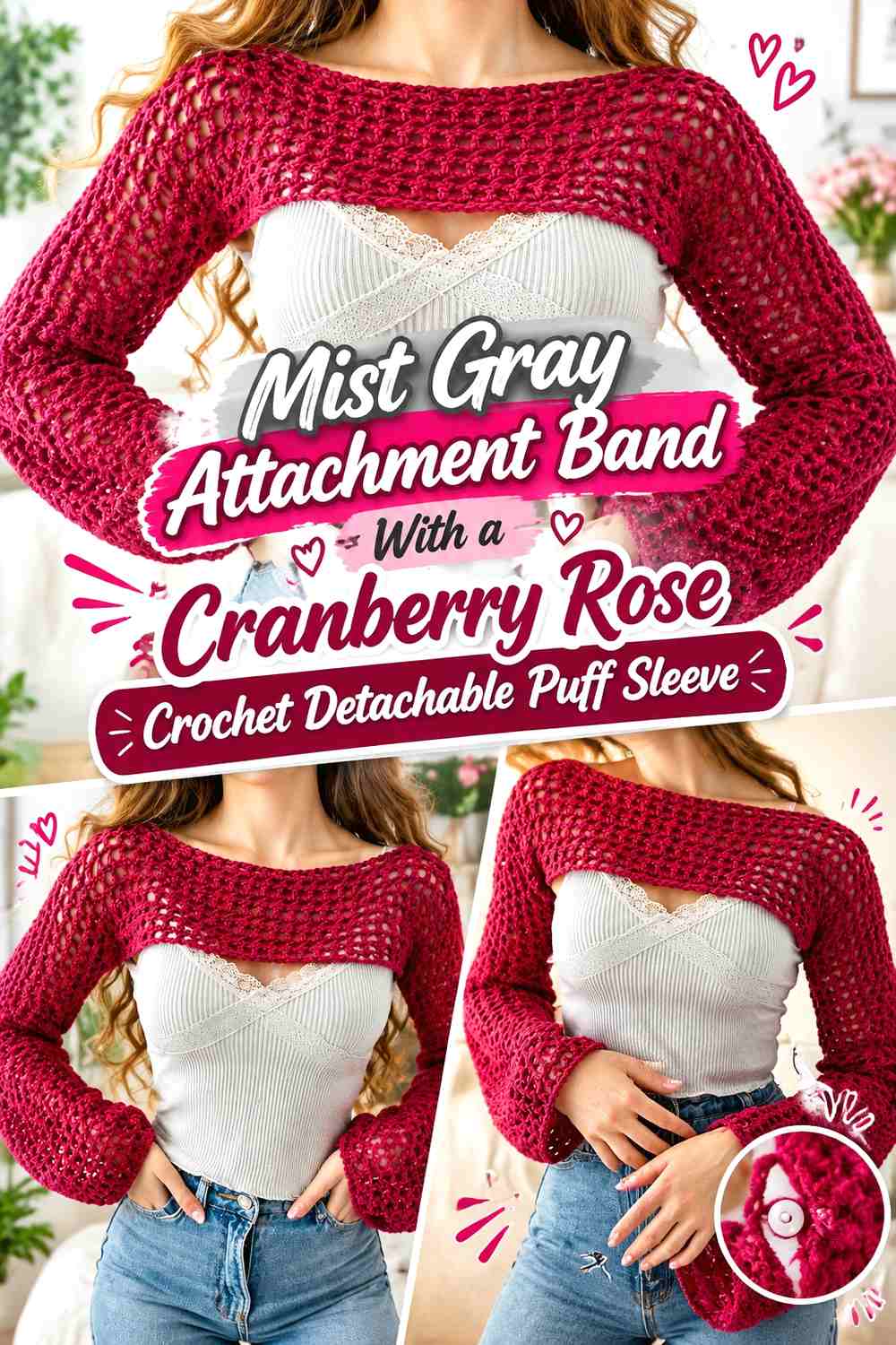 Mist Gray Attachment Band With a Cranberry Rose Crochet Detachable Puff Sleeve