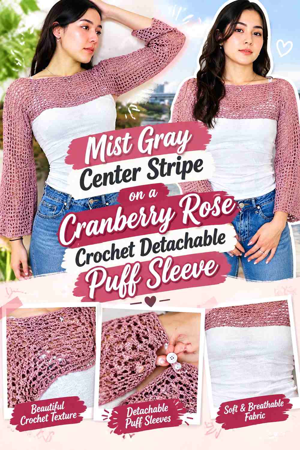 Mist Gray Center Stripe on a Cranberry Rose Crochet Detachable Puff Sleeve