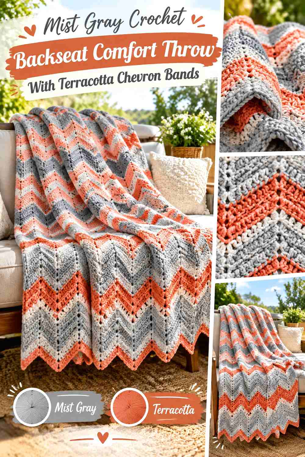 Mist Gray Crochet Backseat Comfort Throw With Terracotta Chevron Bands