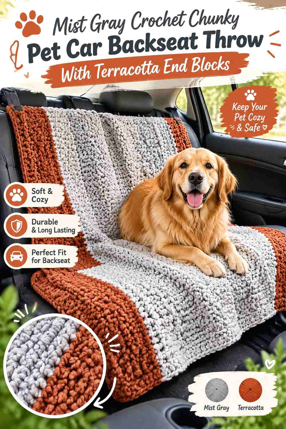 Mist Gray Crochet Chunky Pet Car Backseat Throw With Terracotta End Blocks