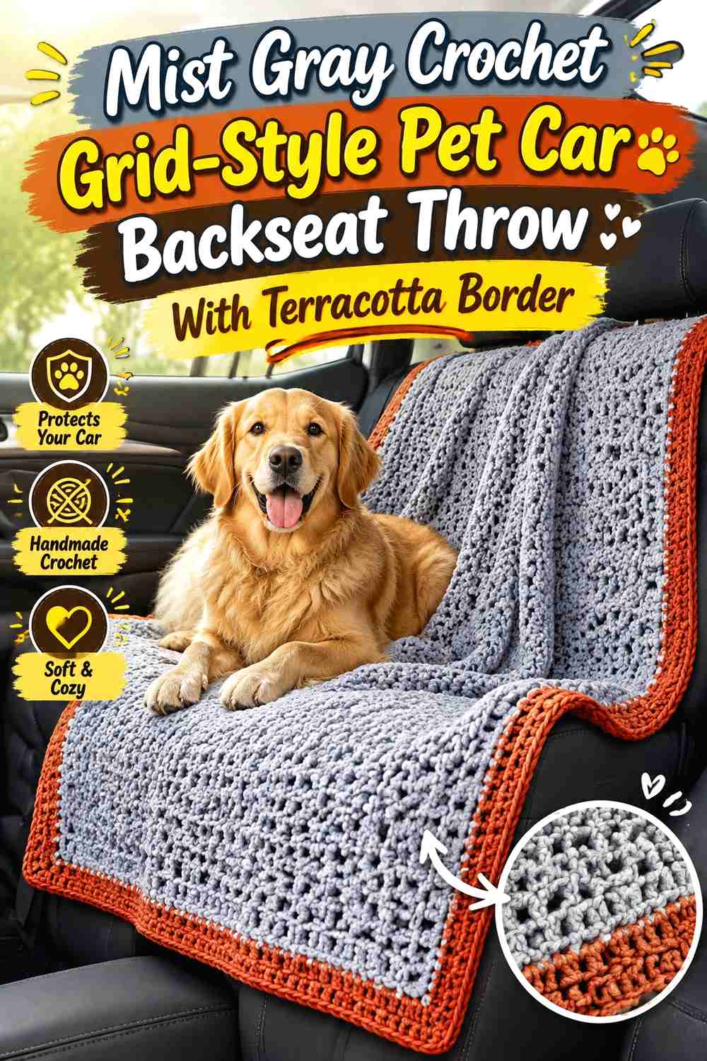 Mist Gray Crochet Grid-Style Pet Car Backseat Throw With Terracotta Border
