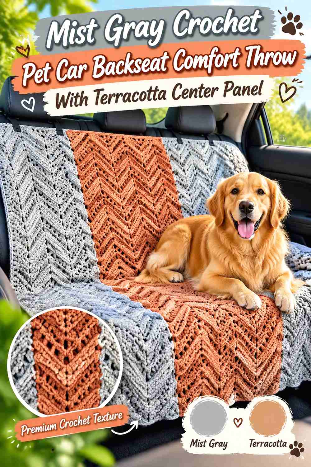 Mist Gray Crochet Pet Car Backseat Comfort Throw With Terracotta Center Panel