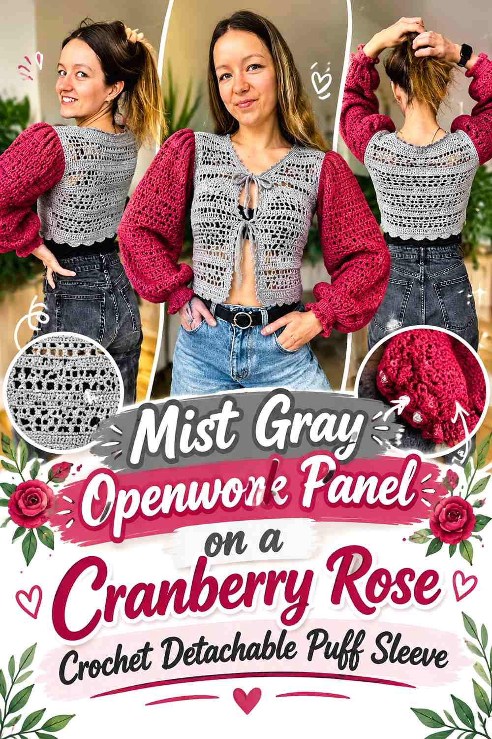 Mist Gray Openwork Panel on a Cranberry Rose Crochet Detachable Puff Sleeve