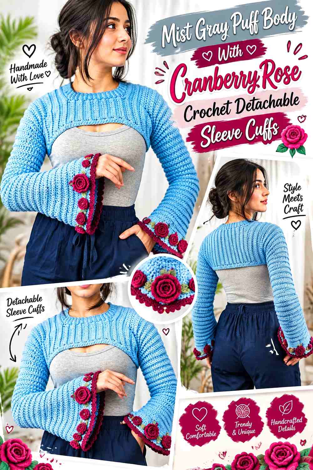 Mist Gray Puff Body With Cranberry Rose Crochet Detachable Sleeve Cuffs