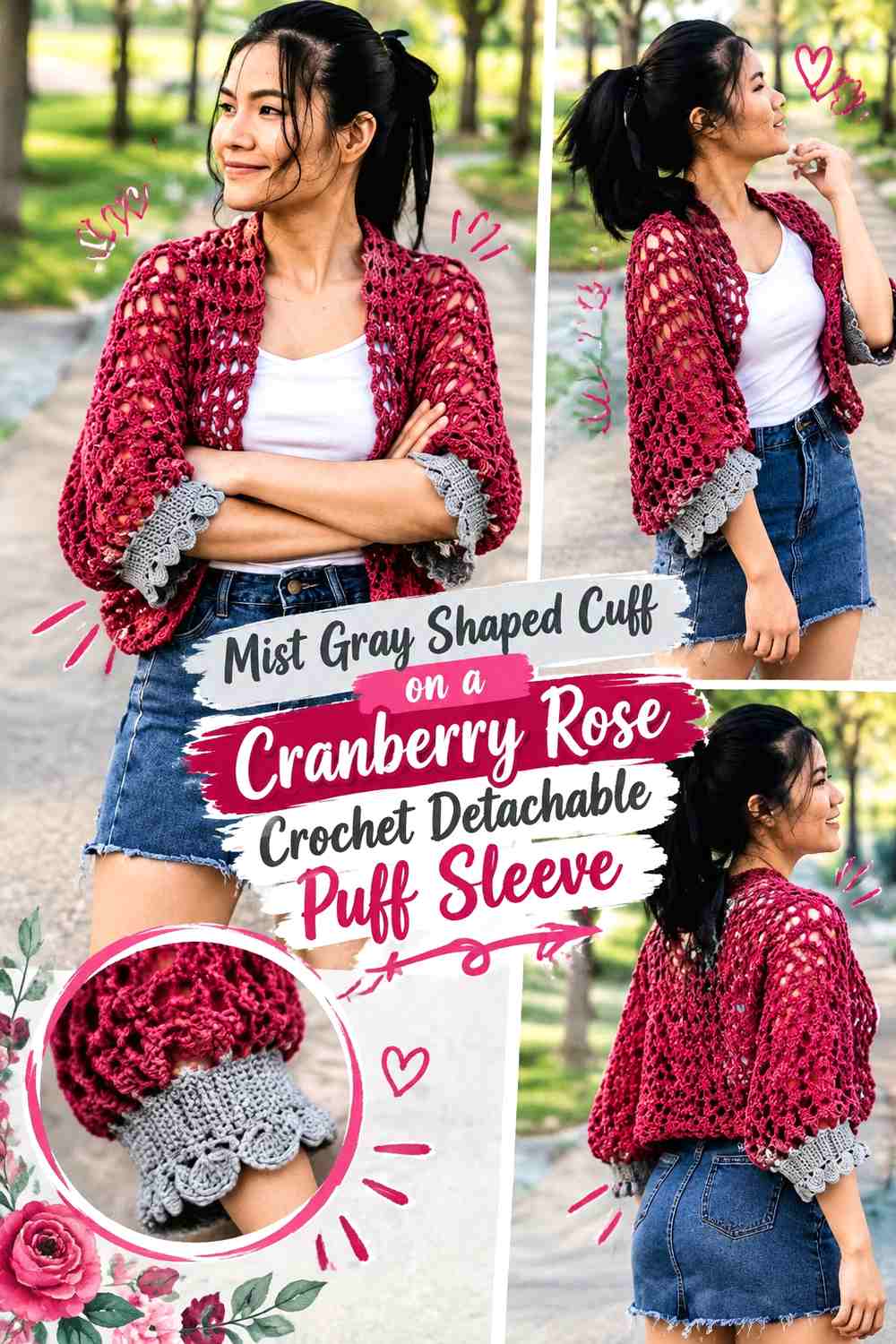 Mist Gray Shaped Cuff on a Cranberry Rose Crochet Detachable Puff Sleeve
