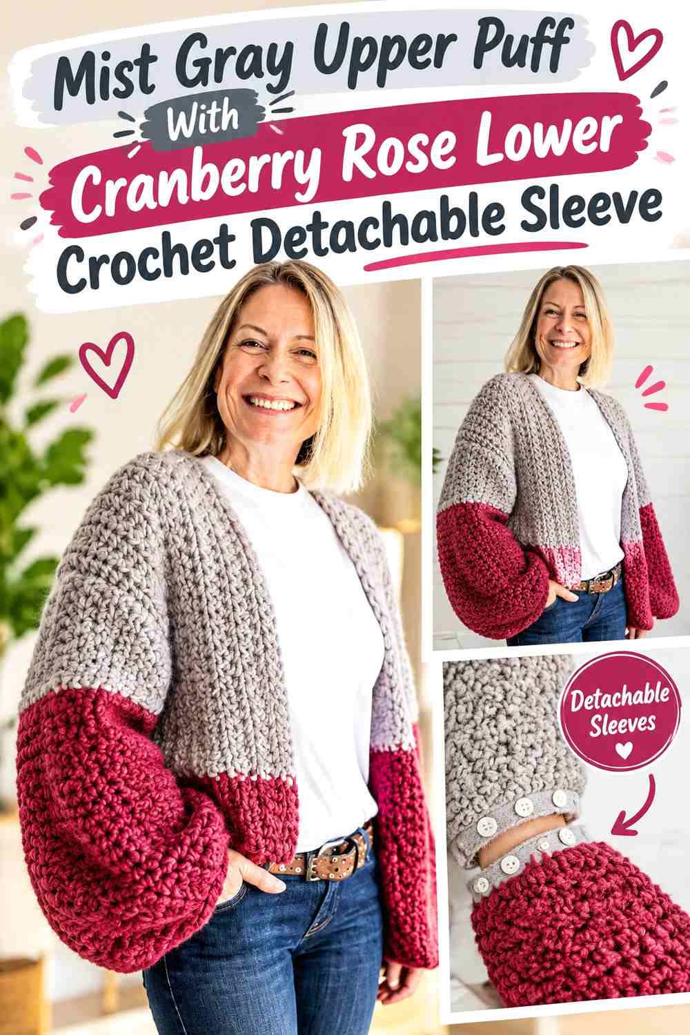 Mist Gray Upper Puff With Cranberry Rose Lower Crochet Detachable Sleeve