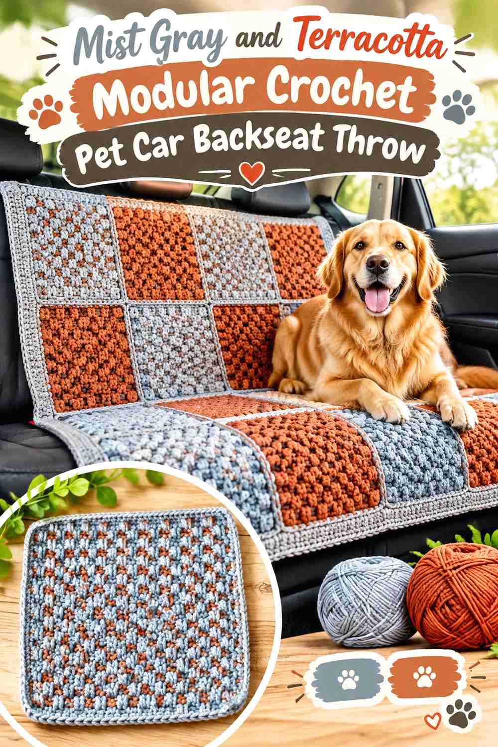Mist Gray and Terracotta Modular Crochet Pet Car Backseat Throw