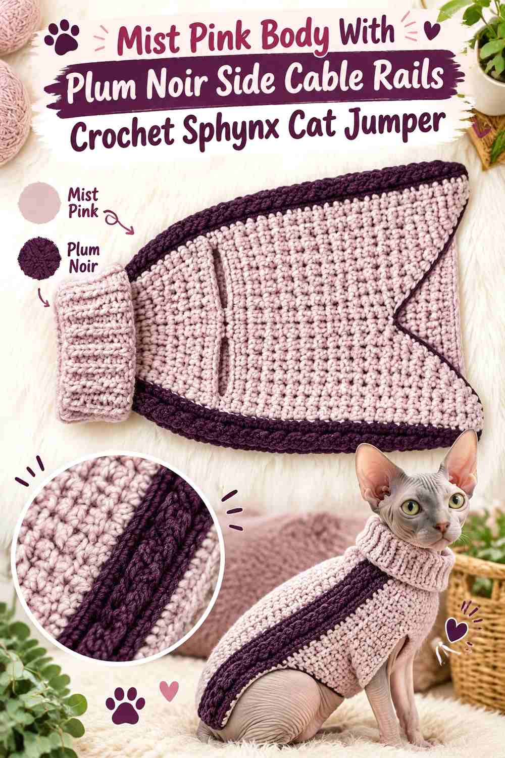 Mist Pink Body With Plum Noir Side Cable Rails Crochet Sphynx Cat Jumper
