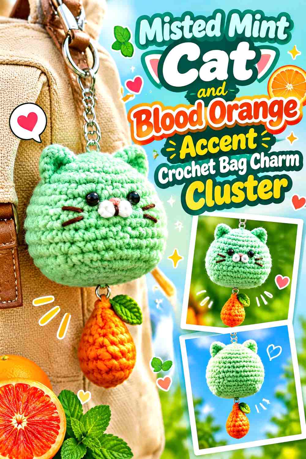 Misted Mint Cat and Blood Orange Accent Crochet Bag Charm Cluster
