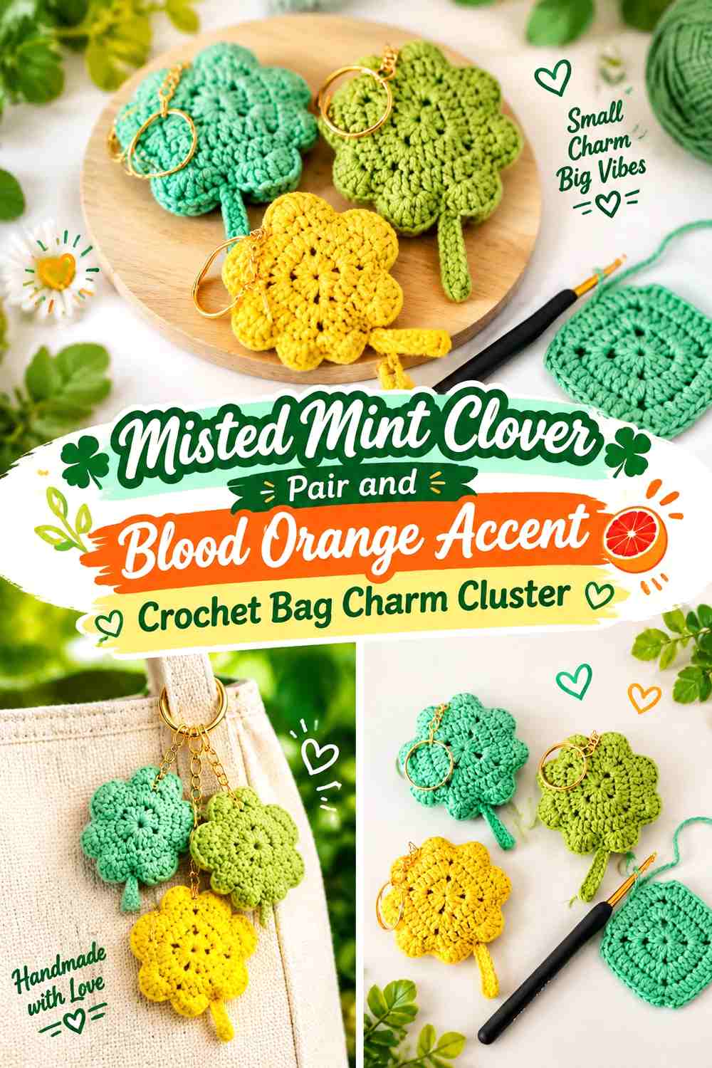 Misted Mint Clover Pair and Blood Orange Accent Crochet Bag Charm Cluster