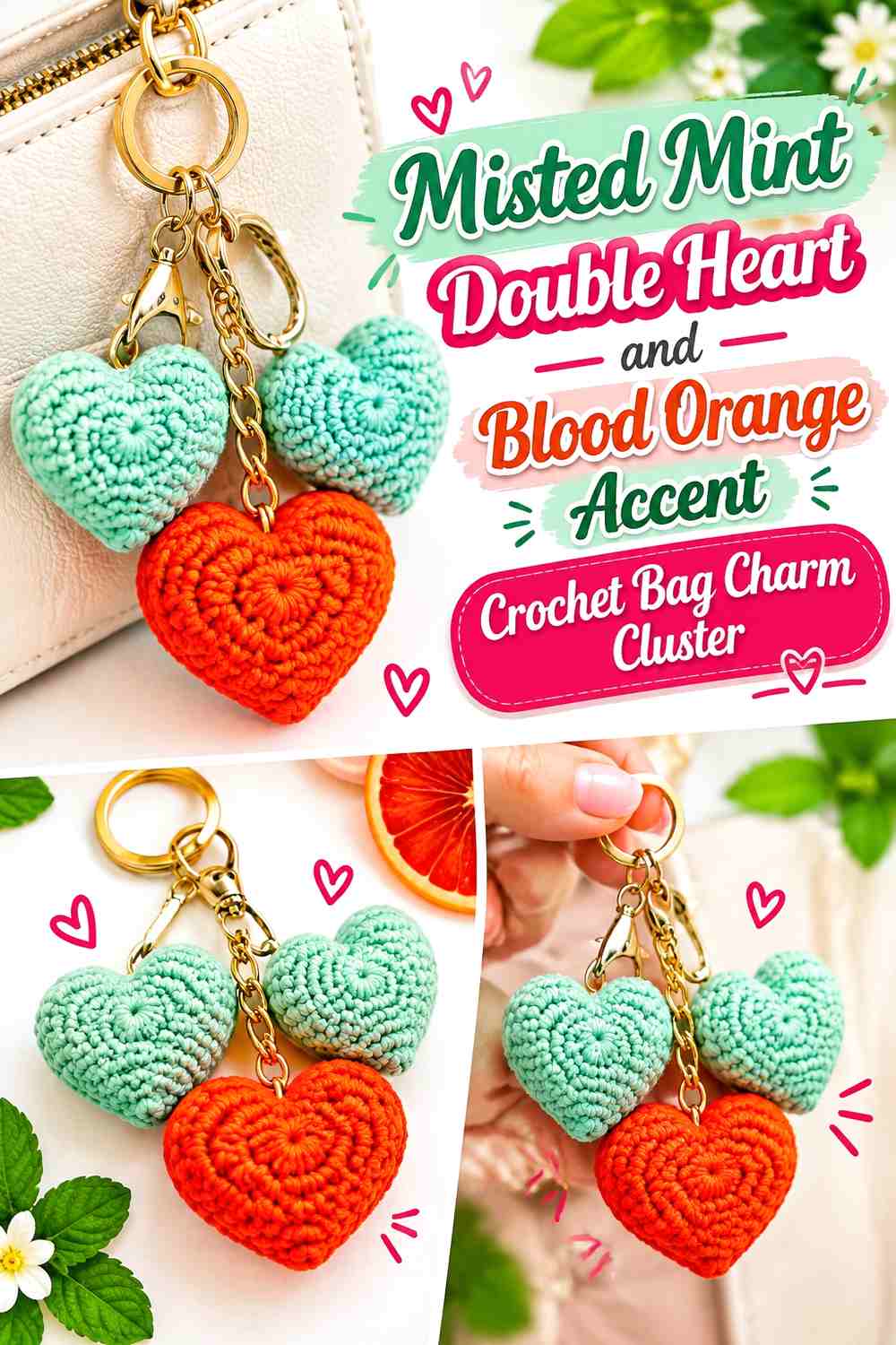 Misted Mint Double Heart and Blood Orange Accent Crochet Bag Charm Cluster